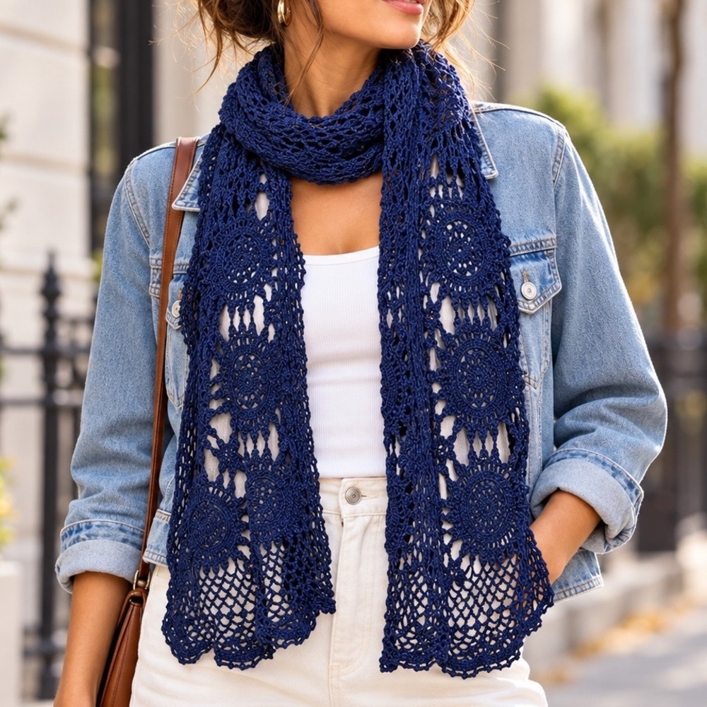 Navy Blue Hand Crocheted Lace Scarf 12x76 Boho Floral Medallion Artisan Wrap